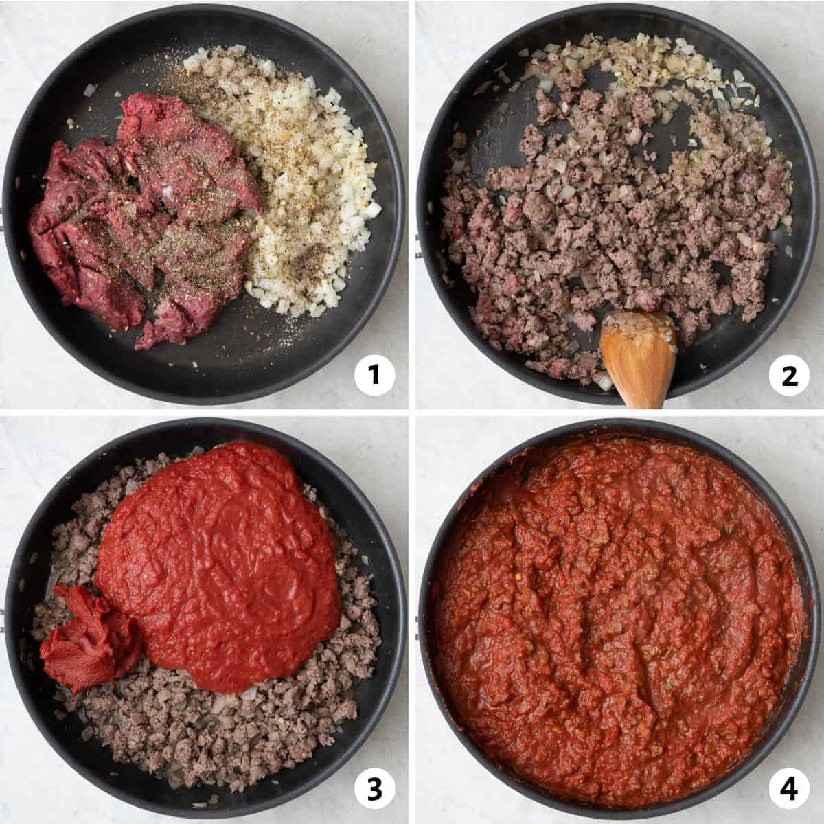 4 image collage making recipe: 1- Ground beef, onions and garlic in a large skillet, with Italian seasoning, 2- Spatula breaking partially cooked ground beef into smaller pieces, 3- crushed tomatoes and tomato paste added, 4- After simmering to show thickened sauce.