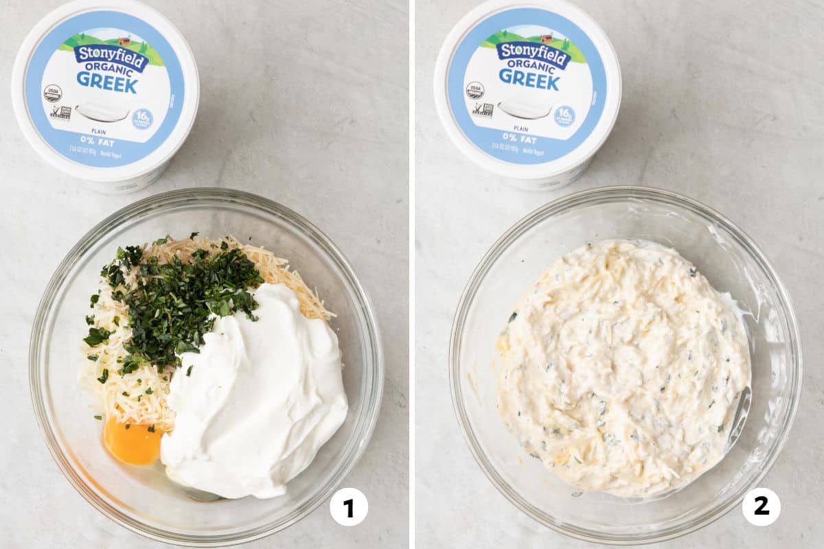 2 image collage of yogurt sauce before and after mixing made with Stonyfield Organic Greek Yogurt.