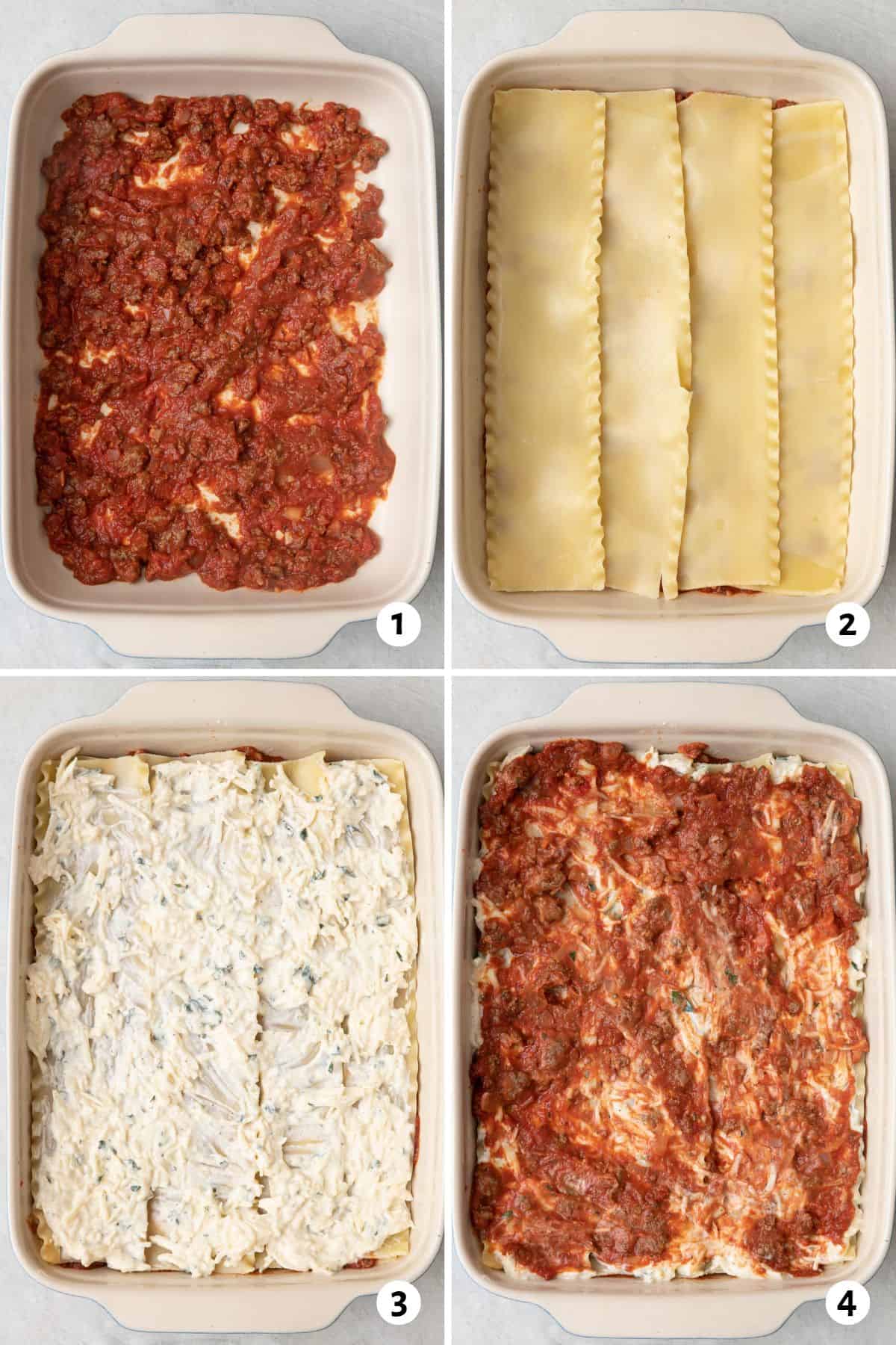 4 image collage assembling recipe in baking dish: 1- meat sauce added, 2- parcooked noodles added- yogurt sauce added, 4- final layer of meat sauce added.