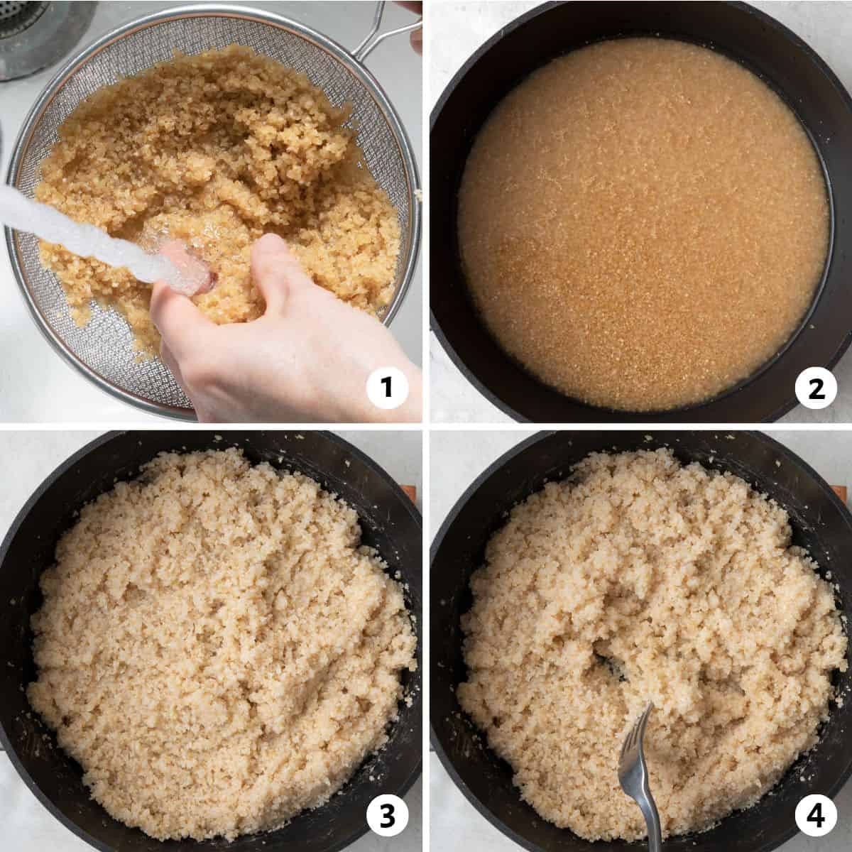 4 image collage preparing and cooking grain: 1- bulgur in a fine mesh strain being rinsed under running water, 2- in a pot with water, 3- after cooking with water fully absorbed, 4- fluffy with a fork.