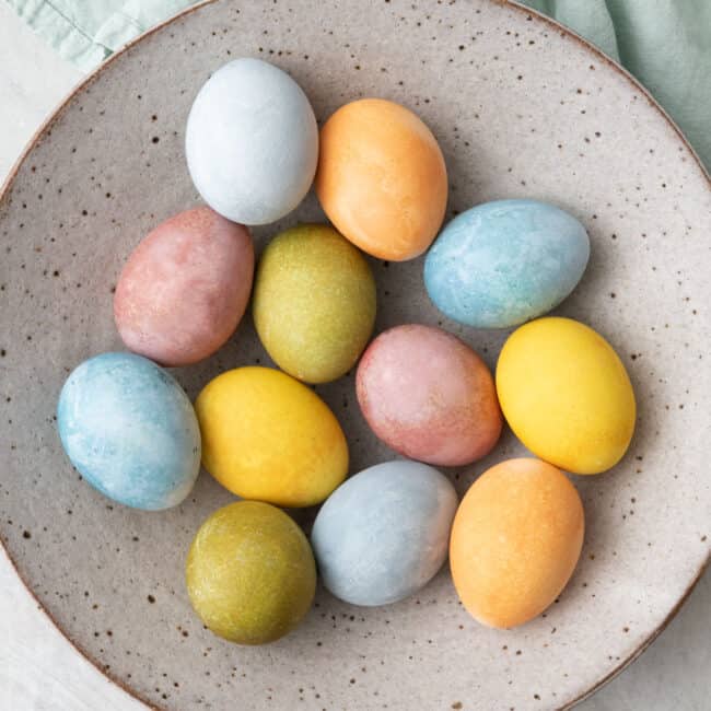 Bowl of naturally dyed Easter Eggs.