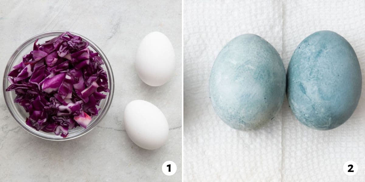 2 image collage using chopped red cabbage to create naturally blue dyed eggs.