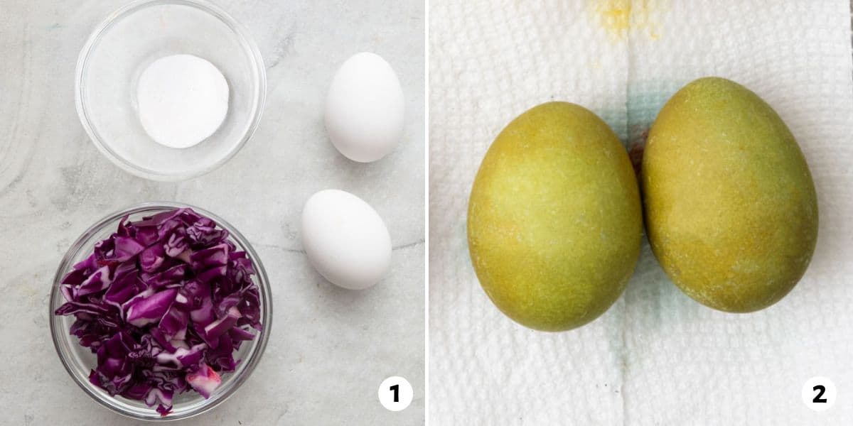 2 image collage using chopped red cabbage and baking soda to create naturally green colored eggs.