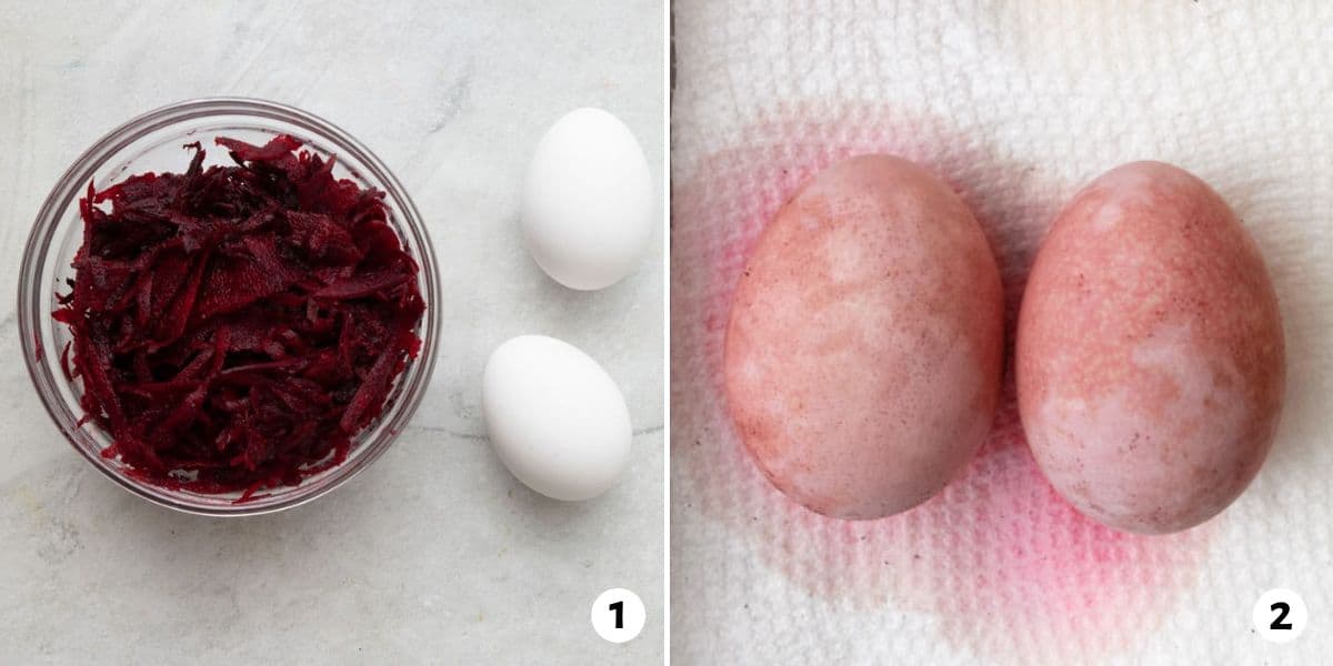 2 image collage using shredded beets to create naturally pink colored eggs.