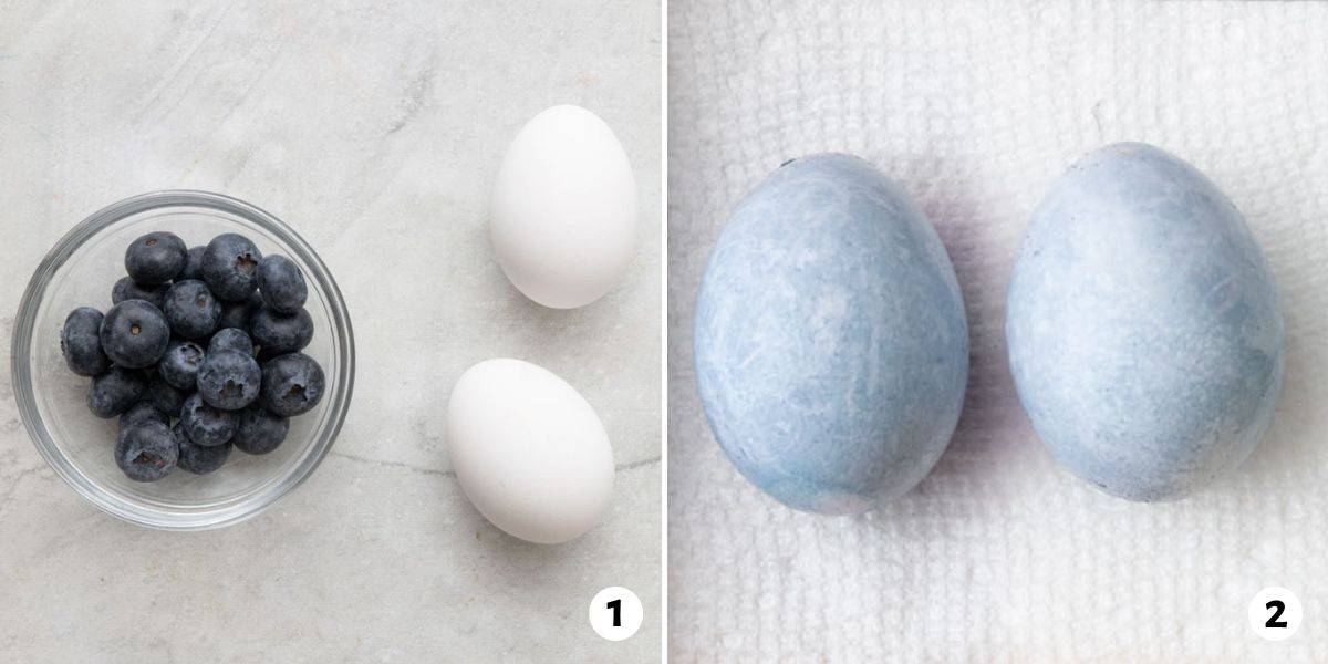 2 image collage using fresh blueberries to create naturally light blue colored eggs.