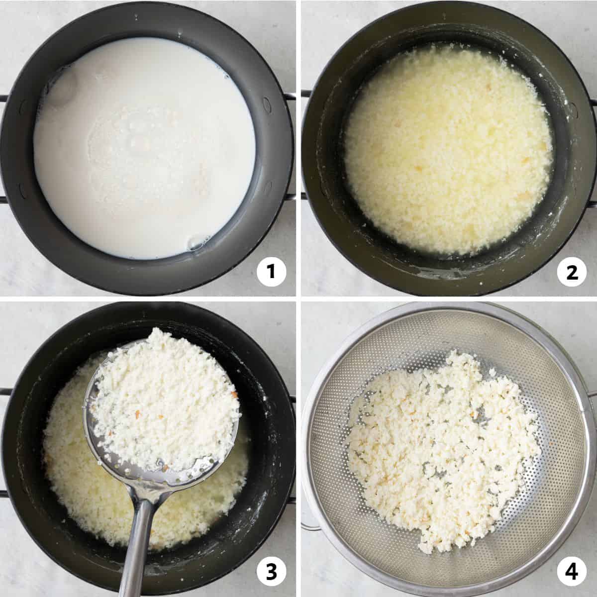 4 image collage making milk curds for recipe: 1- milk in a saucepan, 2- milk and vinegar after separating the milk, 3- slotted spoon removing clotted cream above the pot, 4- clotted cream in a strainer.