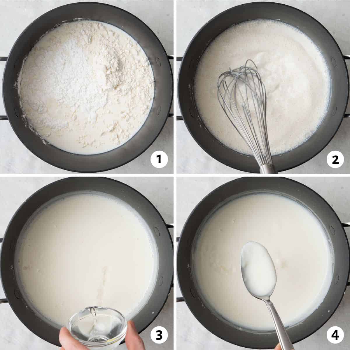 4 image collage making recipe: 1- milk, flour, cornstarch, and sugar in a saucepan, 2- whisking to combine, 3- adding orange blossom water, 4- cream after cooled with a spoon lifting some up.