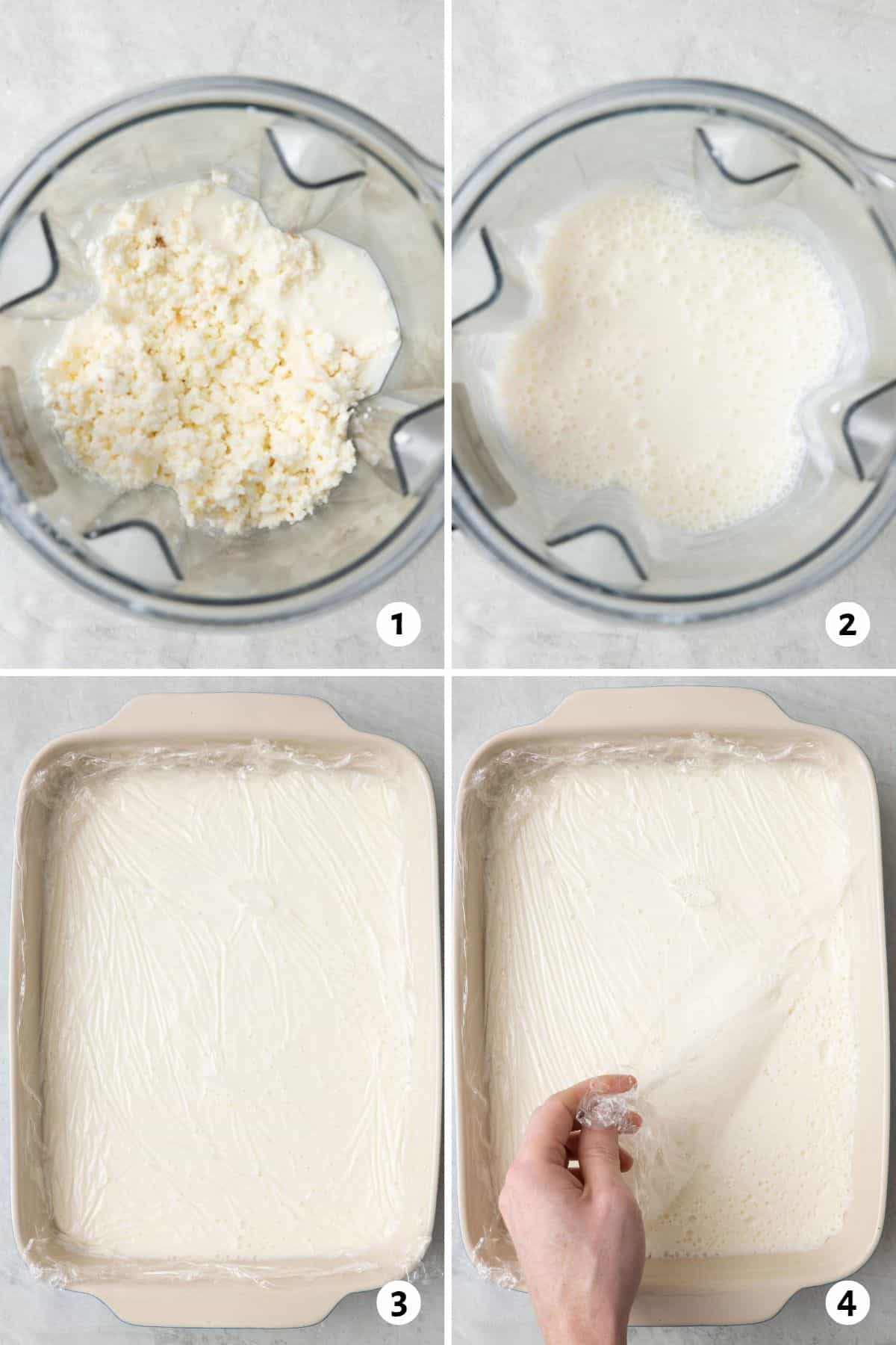 4 image collage finishing recipe: 1- milk curds and ashta cream in a blender before combined, 2- after blended, 3- in a baking dish with plastic wrap pressed onto the surface, 4- after chilled pulling back the plastic.