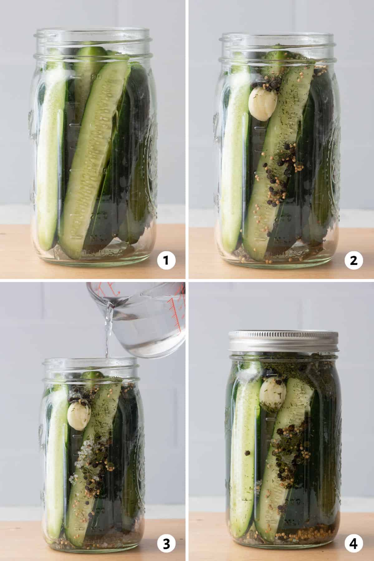 4 image collage preparing recipe: 1- cucumber spears inside jar, 2- garlic, seeds, and spices added, 3- hot brine being poured into jar, 4- jars sealed with lid.