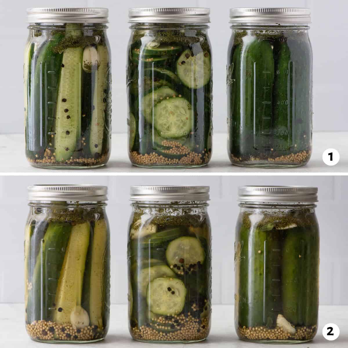 2 image collage of pickle spears, slices, and whole cucumbers before and after a 1 day brine.