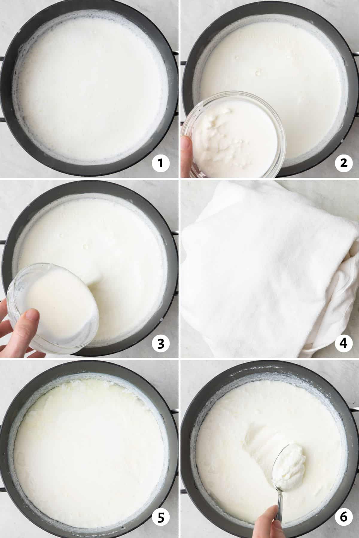 6 image collage making recipe: 1- milk in a pot after heating, 2- hand holding a small bowl over milk with cooled milk and yogurt, 3- pouring mixture into warmed milk, 4- towels wrapped around pot, 5- yogurt mixture before refrigerating after sitting at room temperature for 8 hours, 6- spoon scooping up yogurt to show consistency.