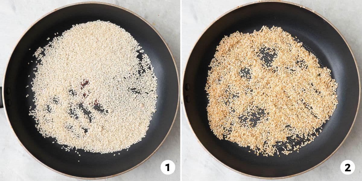 2 image collage before and after toasting in a pan.
