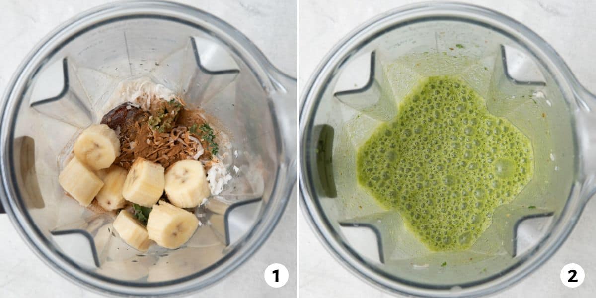 2 image collage of recipe ingredients in a blender before and after blending.