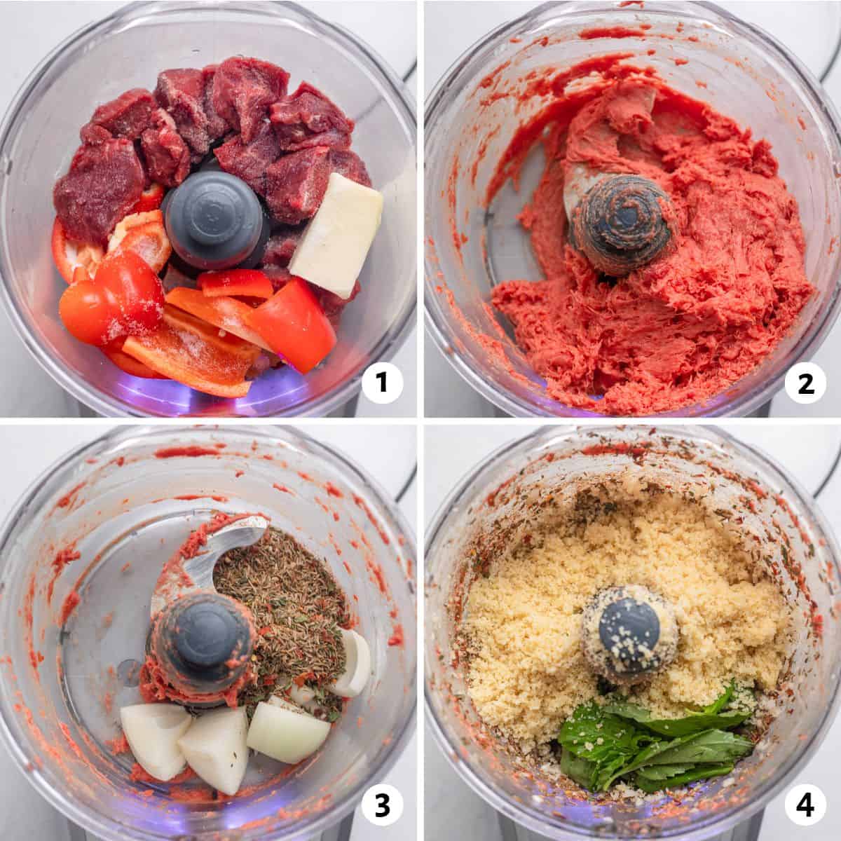 4 image collage of recipe being blended in a food processor: 1- chunks of beef, red pepper, and salt before blended, 2- after blended, 3- meat mixture removed and onion and spice added, 4- bulgur and herbs added.