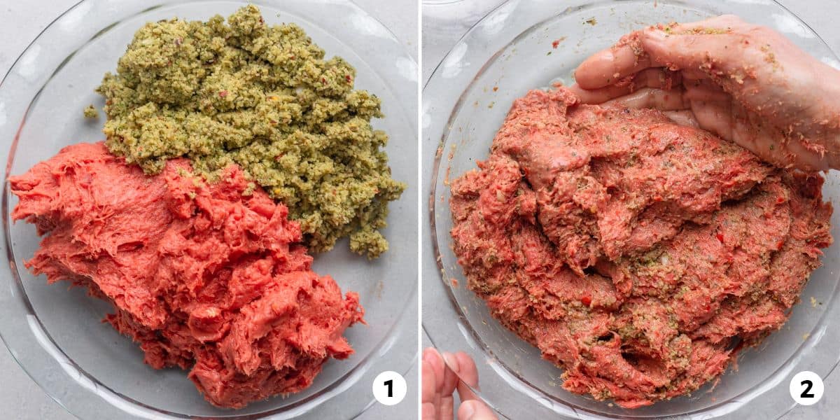 2 image collage of meat mixture and bulgur mixture in a bowl before and after combining.