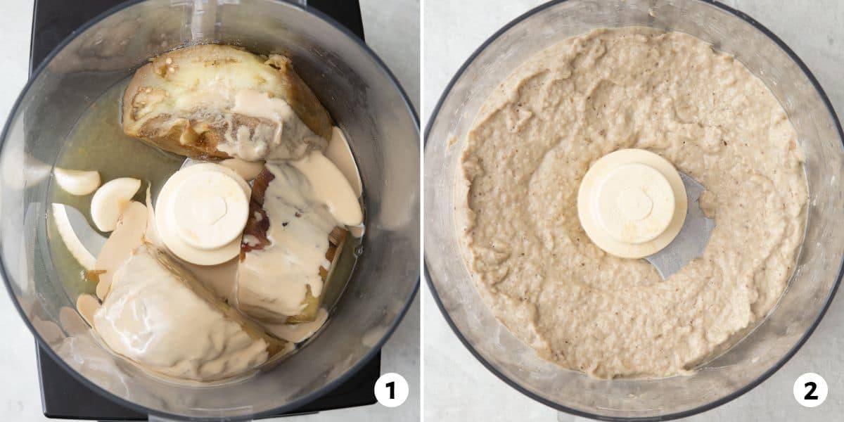 2 image collage of recipe with ingredients in a food processor before and after being blended.