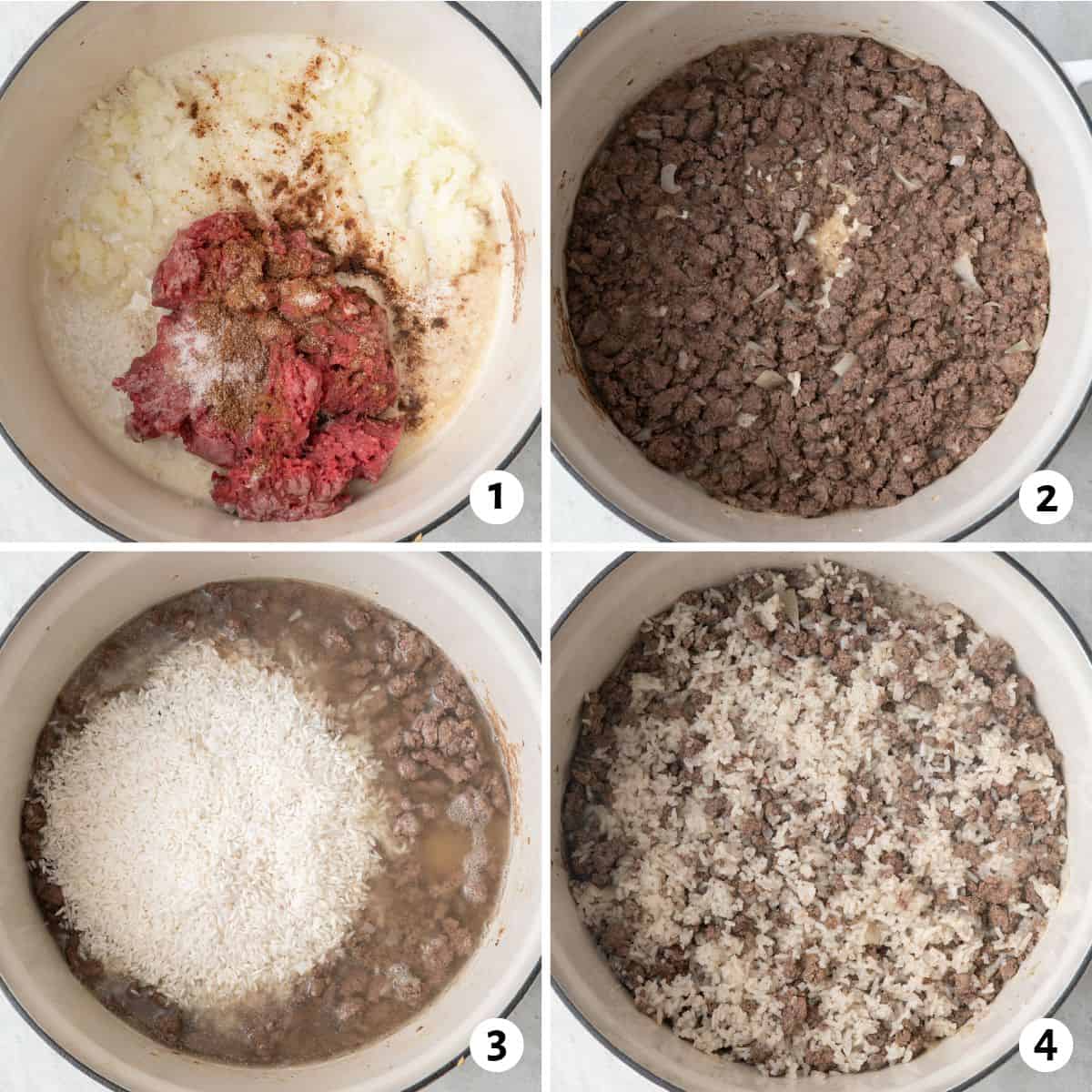4 image collage preparing the other part of the recipe: 1- ground beef, onions and seasoning in a pot before cooking, 2- after cooking, 3- rice and liquid added, 4- after cooked and rice fluffed.