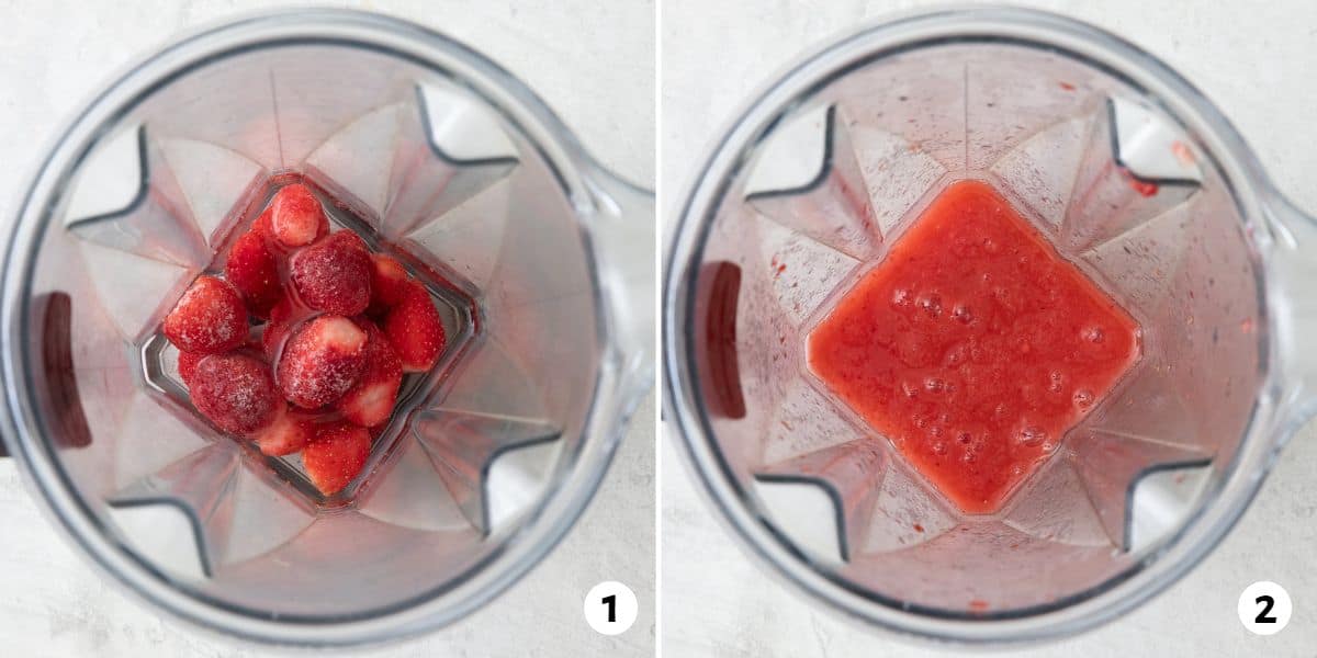 2 image collage before and after blended strawberries with rose water in a blender.