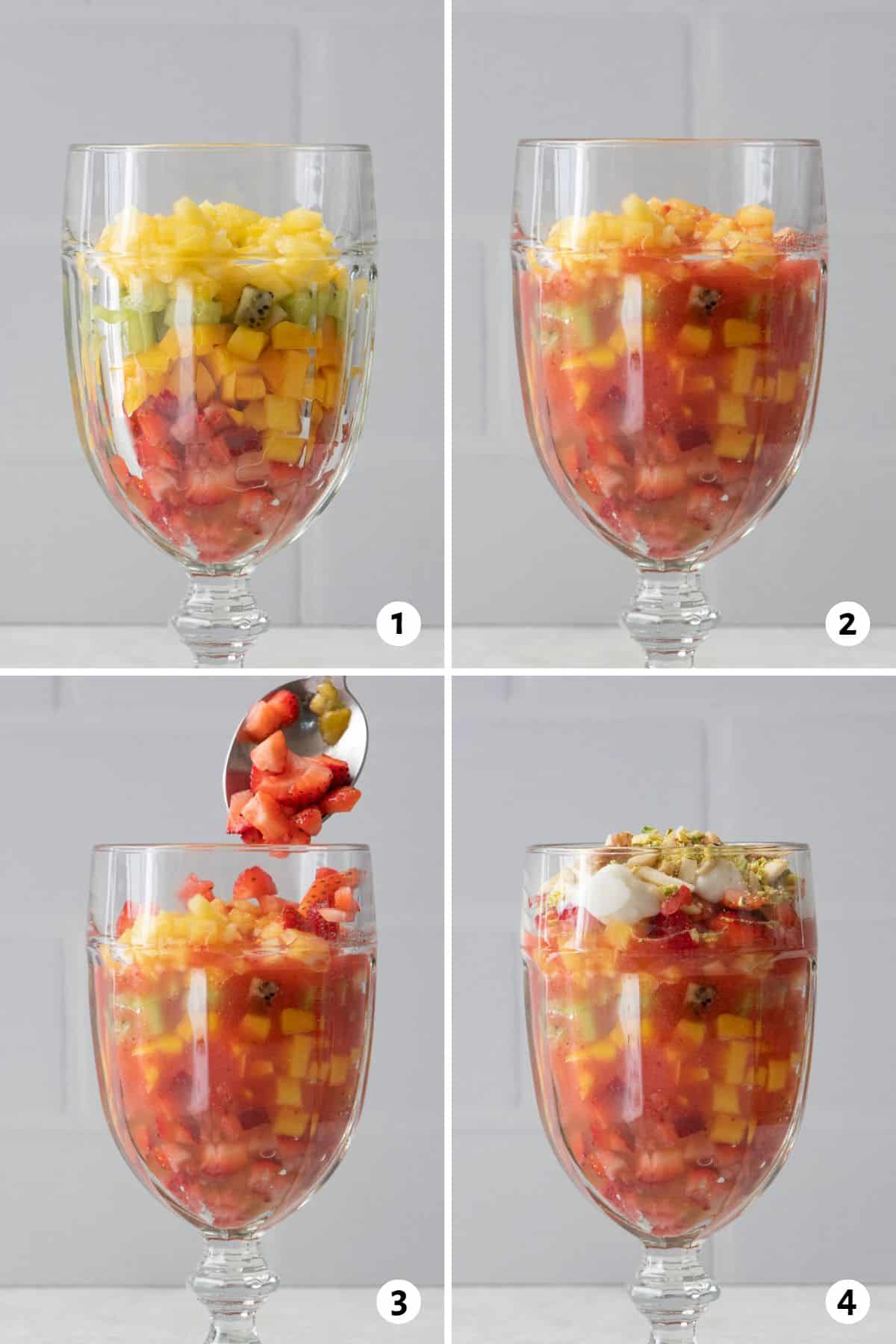 4 image collage making recipe in tremont glasses: 1- chopped fruit layered in glass, 2- strawberry juice added, 3- more chopped strawberries added on top, 4- a dollop of ashta added on top with nuts.