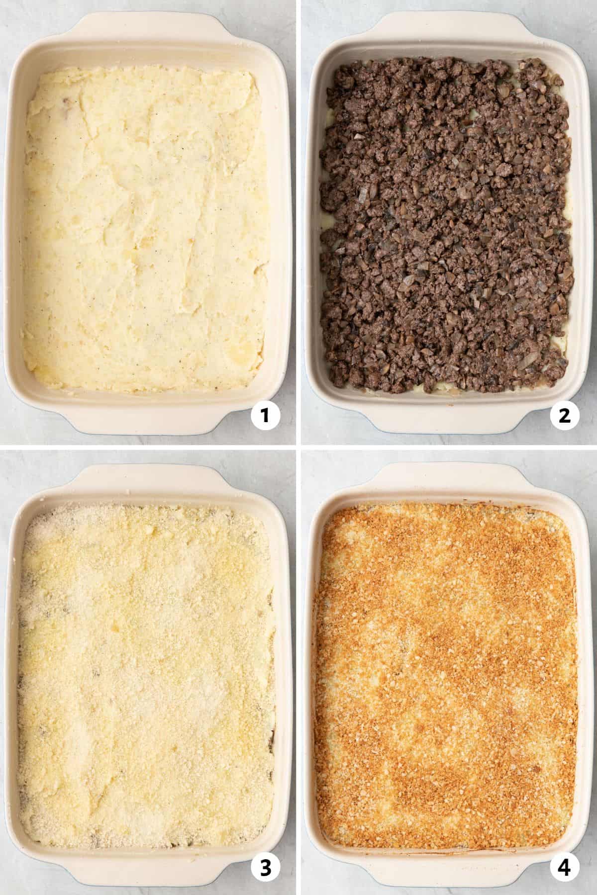 4 image collage adding recipe to baking dish: 1- mashed potatoes added, 2- spiced beef mixture added, 3- remaining mashed potatoes added with breadcrumbs on top, 4- after baking with golden brown top.