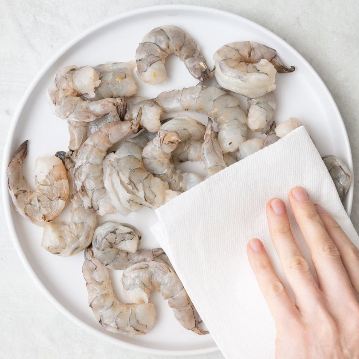 Pat shrimp dry with a paper towel on a white plate.