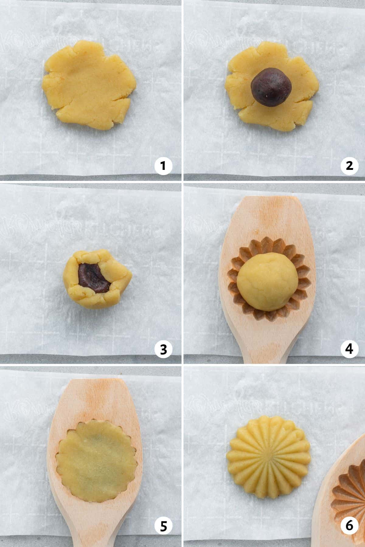 6 image collage making stuffed dough into shapes: 1- dough ball, 2- dough ball pressed into a cup, 3- date paste added, 4- dough balled up around filling place in mold, 5- dough pressed into mold, 6- dough after removed from mold.