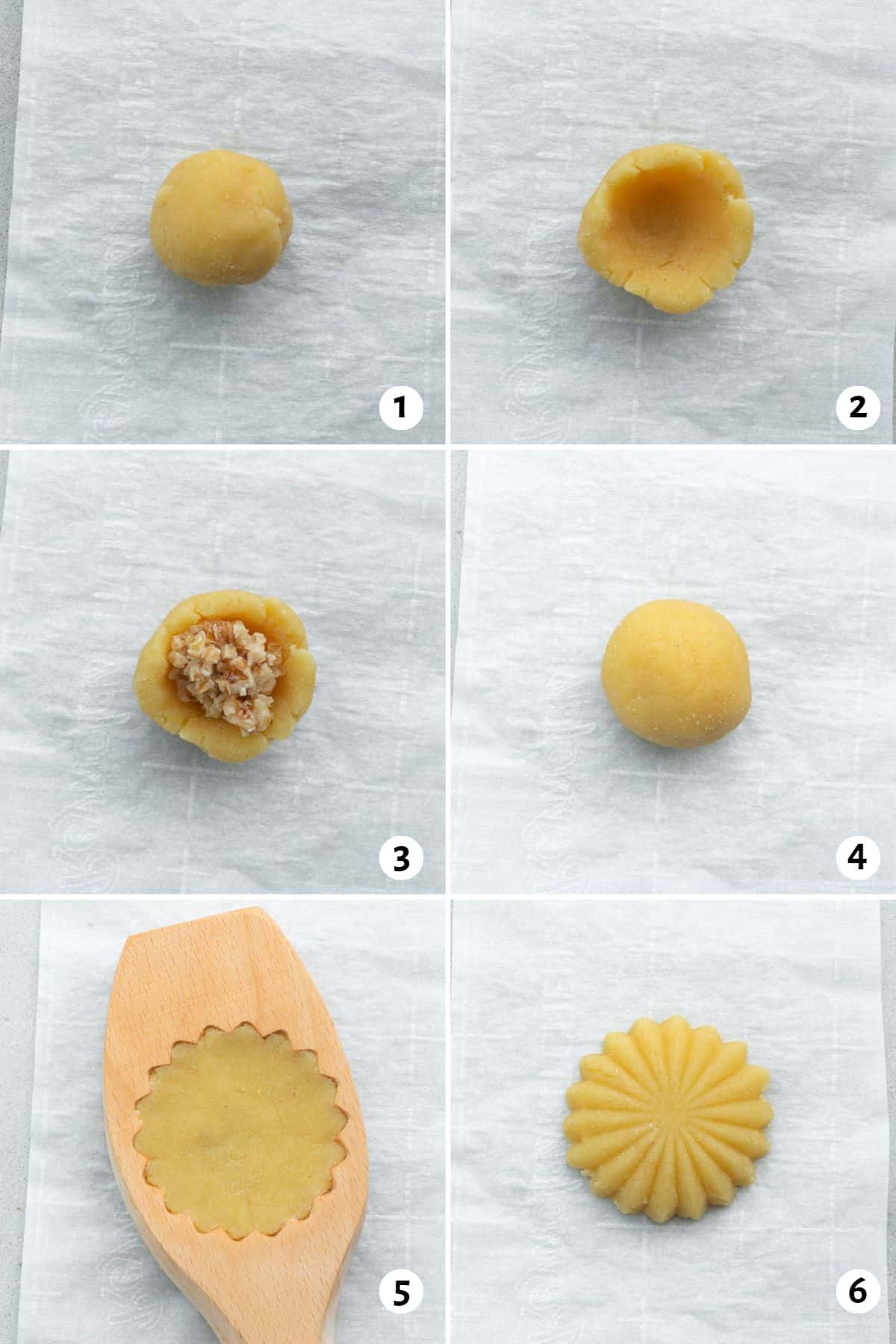 6 image collage making stuffed dough into shapes: 1- dough ball, 2- dough ball pressed into a cup, 3- walnut filling added, 4- dough balled up around filling, 5- dough pressed into mold, 6- dough after removed from mold.