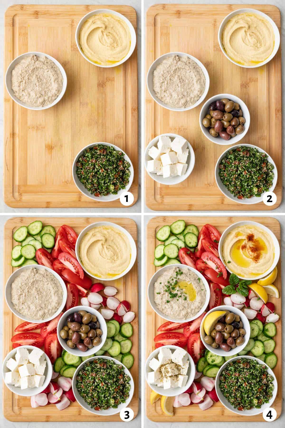 4 image collage building appetizer board: 1- adding small bowls of each hummus, baba ghanoush, and tabbouleh, 2- adding a small bowl of mixed olives and feta cubes, 3- spreading prepped veggies in between bowls, and 4- final garnishes added to dips and lemon wedges added.