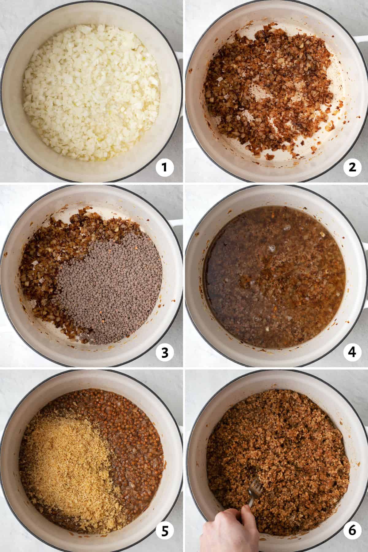 6 image collage making recipe in one pot: 1-diced onions in a pot, 2- onions after deeply caramelized, 3-lentils added before combing with onions, 4- water added to pot, 5- after cooking lentils with bulgur added before combined, 6- after fully cooked with a fork fluffing the mixture and cumin sprinkled on top.