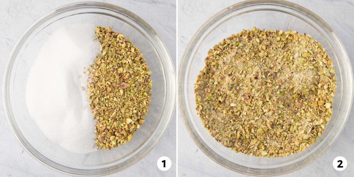 2 image collage of crushed pistachios and sugar before and after combining.