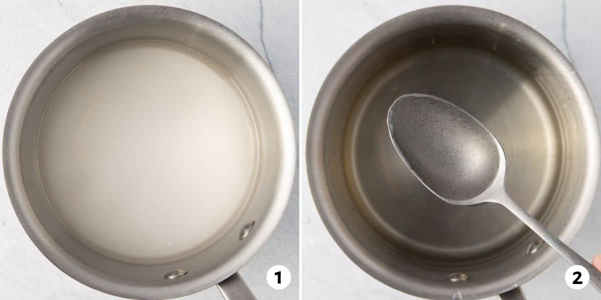 2 image collage of simple syrup in a pot before and after dissolving.