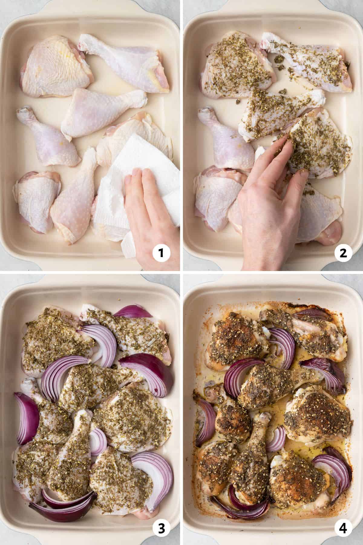 4 image collage making recipe in a baking dish: 1- patting chicken dry with a paper towel, 2- rubbing seasoning on chicken, 3- red onions added to dish, 4- after baking.