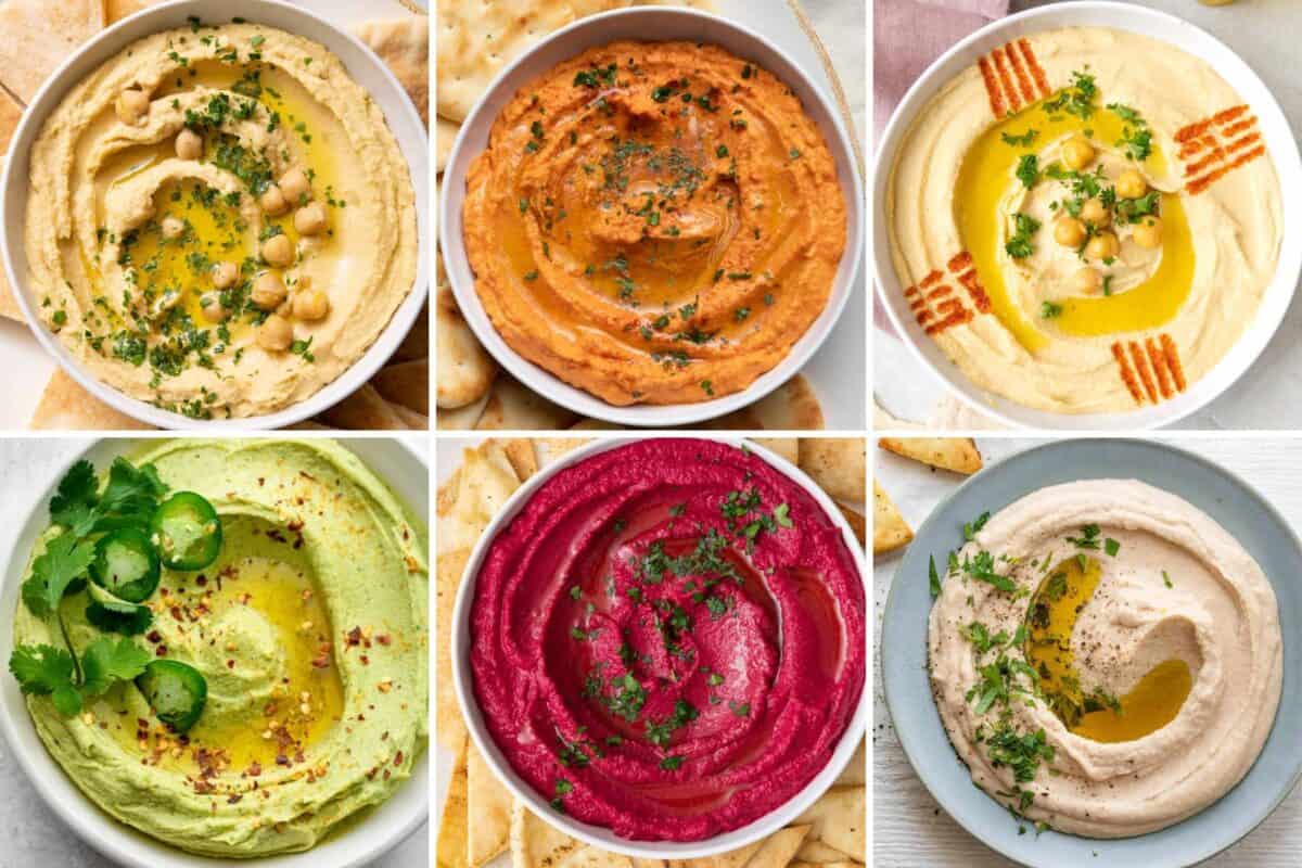 6 image collage of hummus recipes made with tahini.