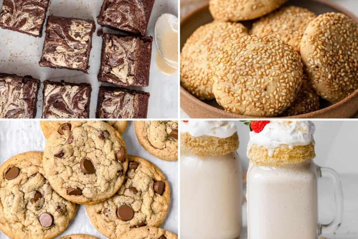 4 image collage of different types of desserts using tahini.