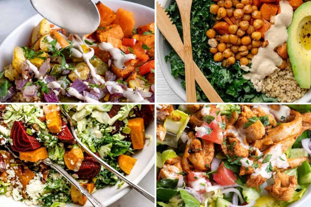4 image collage with recipes topped with tahini dressing.