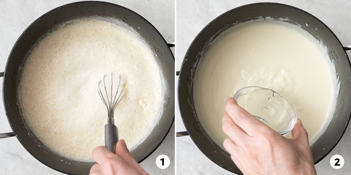 2 image collage making pudding in a pot: 1- whisking together milk, semolina, and sugar, 2- Orange blossom water being poured into creamy mixture.