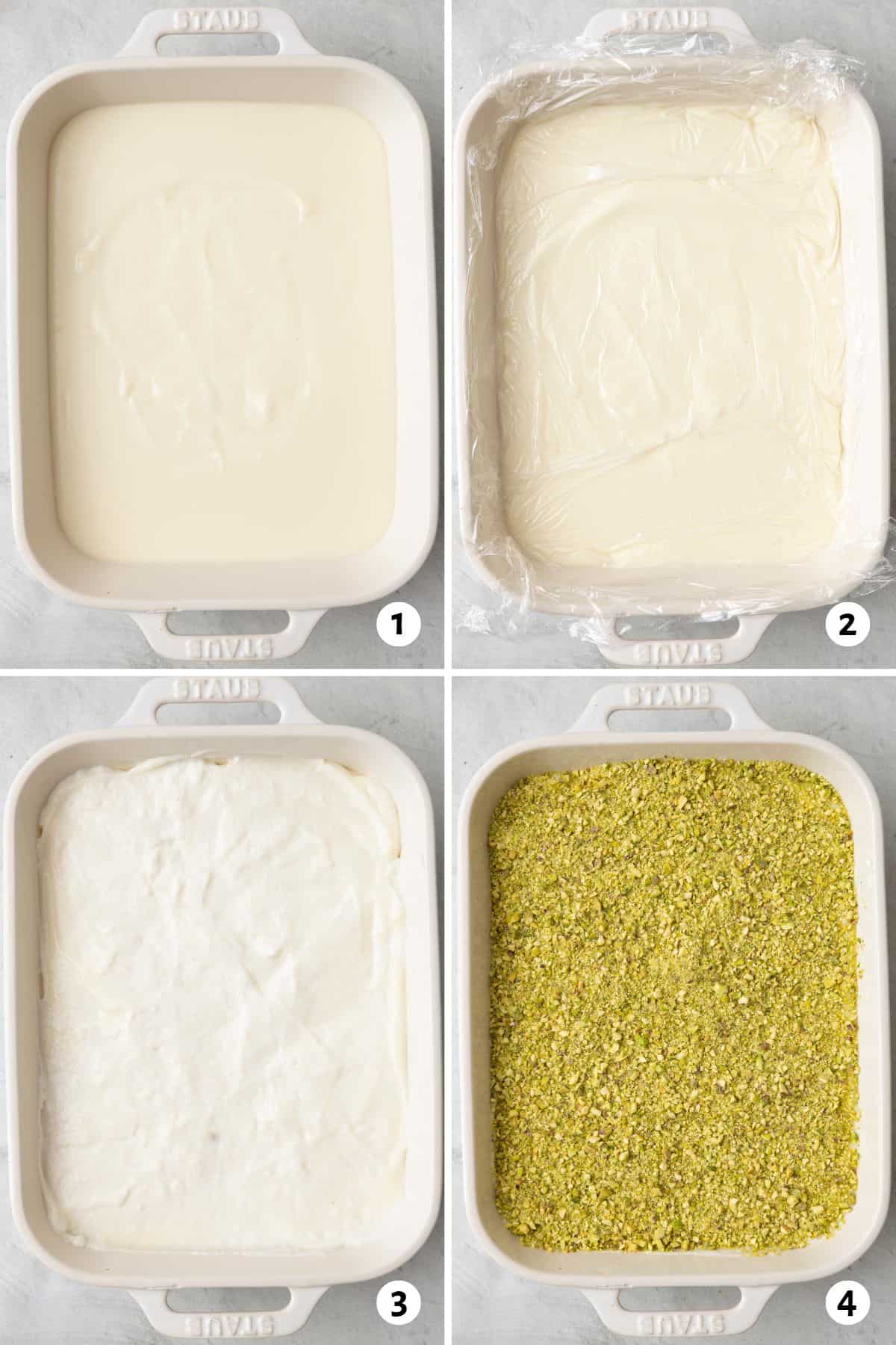 4 image collage of preparing recipe in a baking dish: 1- mixture poured into dish, 2- plastic wrap over it and pressed down on the surface, ashta spread on top, 4- finely chopped nuts spread over top.