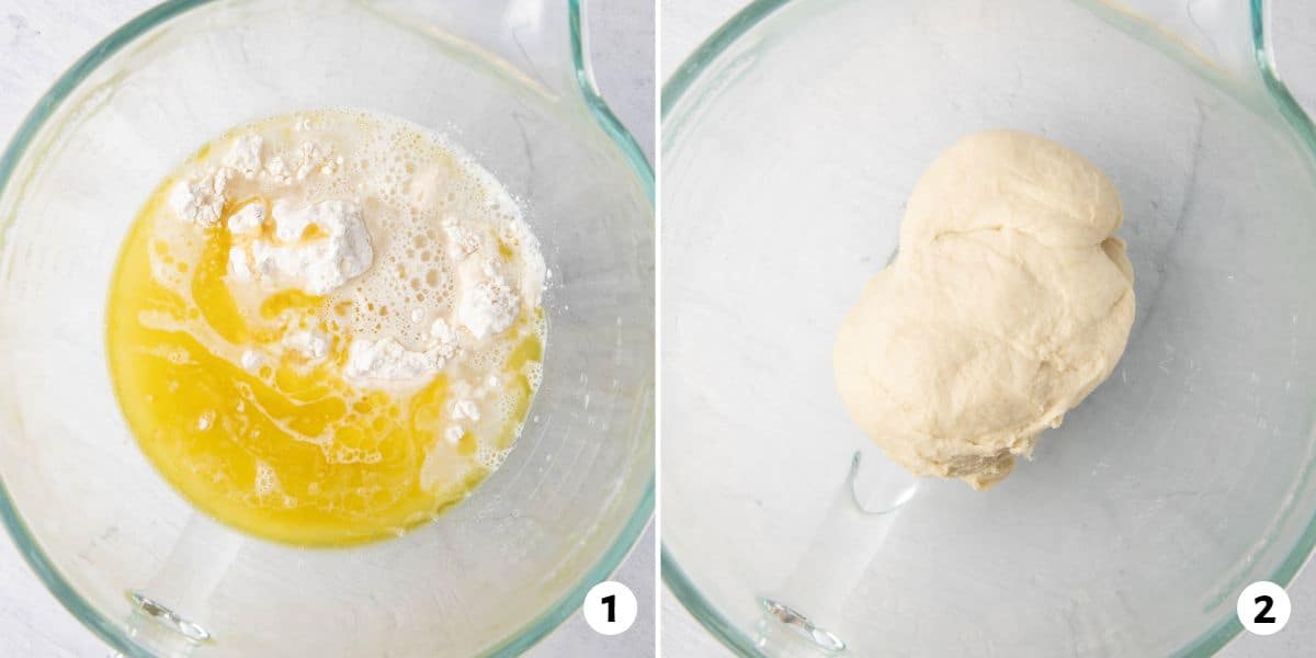 2 image collage making dough in one bowl: 1- dough ingredients added to a bowl to show foamy yeast, 2- dough formed into a ball.