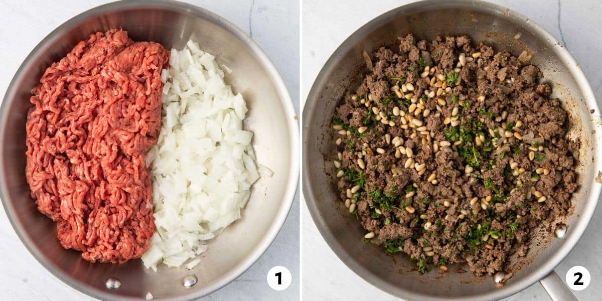 2 image collage of beef mixture with onions before and after cooking with final garnish of pine nuts and herbs in second image.