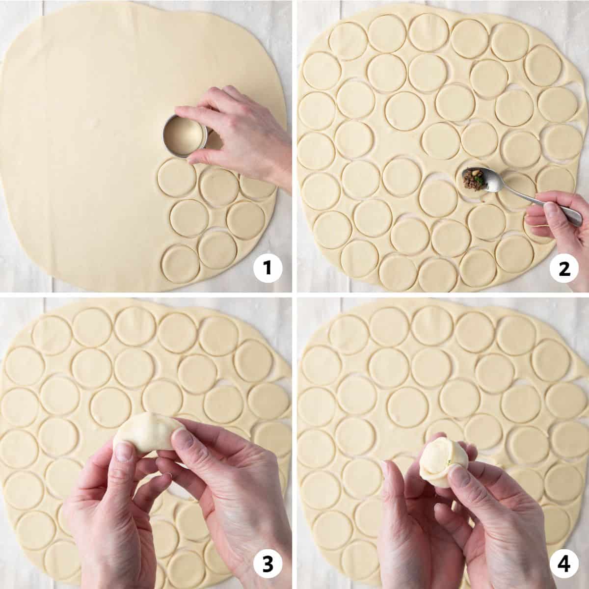 4 image making dumpling: 1- dough rolled out with a cookie cutter pressing into it with a few already cut, 2- spoon added beef filling to one of the dumpling shells, 3- hand folding it into a halfmoon, 4- and then pinching to form dumpling.