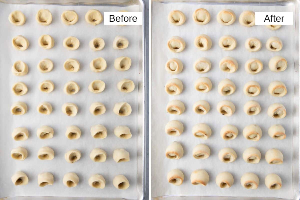 2 image collage of dumplings before and after baking.