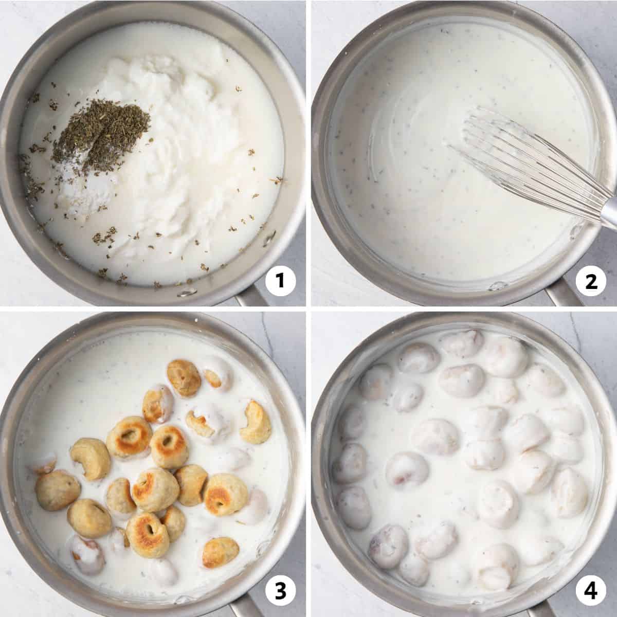 4 image collage making final part of recipe: yogurt sauce ingredients added to a pot before combing, 2- sauce being whisked together, 3- baked dumplings added to sauce, 4- dumpling tossed into sauce.