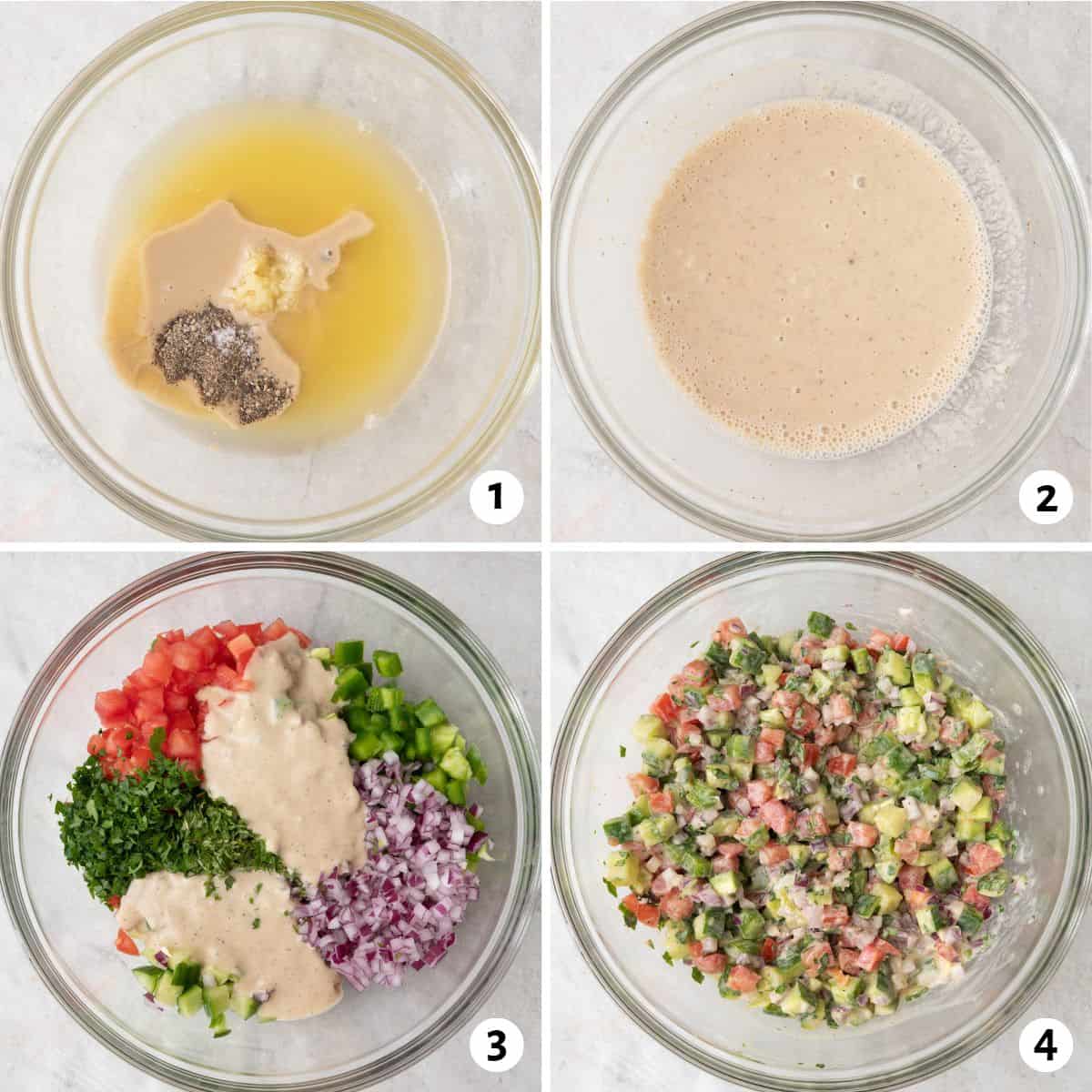 4 image collage making recipe: 1- salad dressing ingredients in a bowl before combining, 2- dressing after mixed, 3- chopped herbs and veggies in bowl with dressing poured on top, 4- salad tossed with dressing.