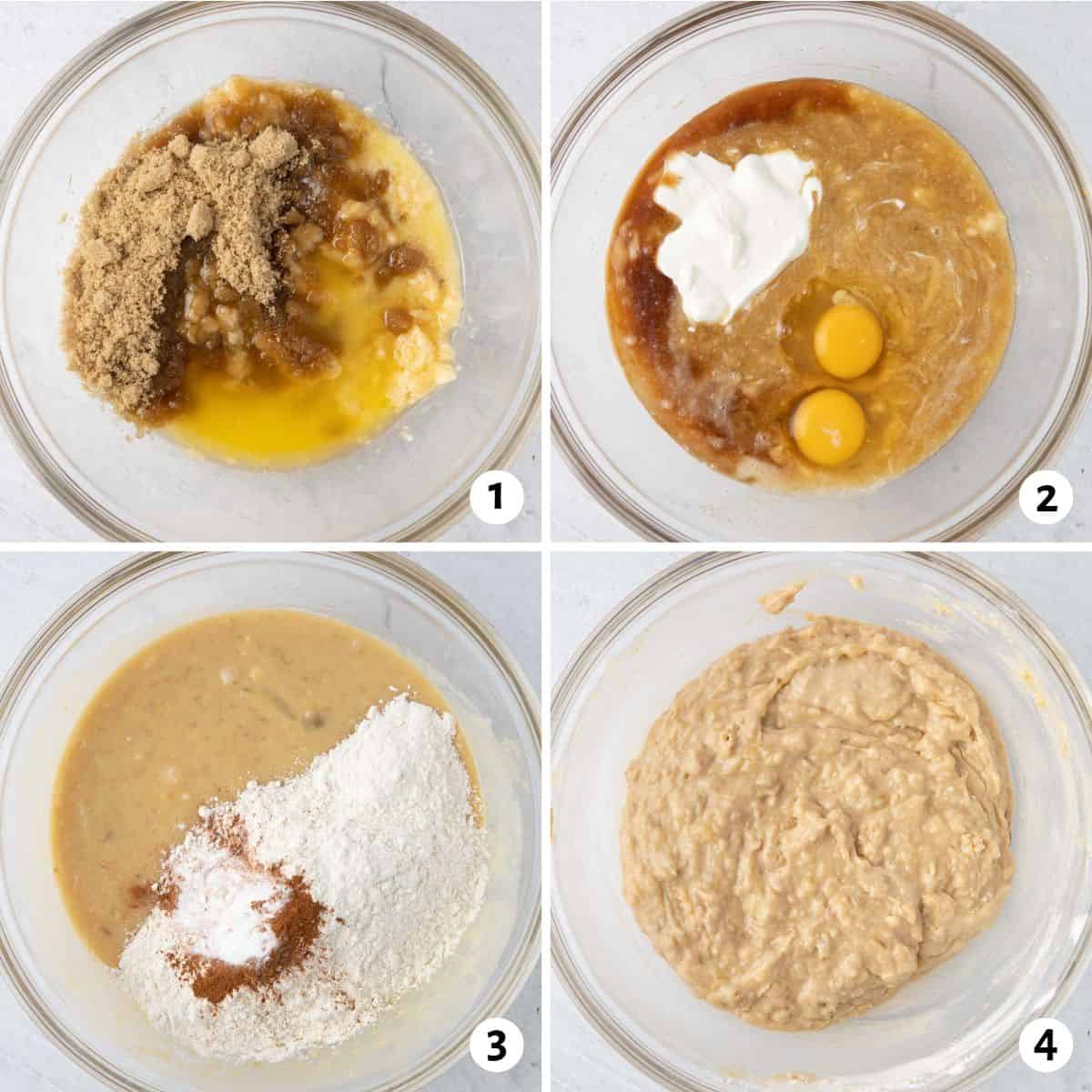 4 image collage making batter in a bowl: 1- mashed bananas, brown sugar, and melted butter in bowl, 2- eggs, yogurt, and vanilla added to mixture, 3-flour, cinnamon and baking powdered added on top, 4- bread batter after combining.