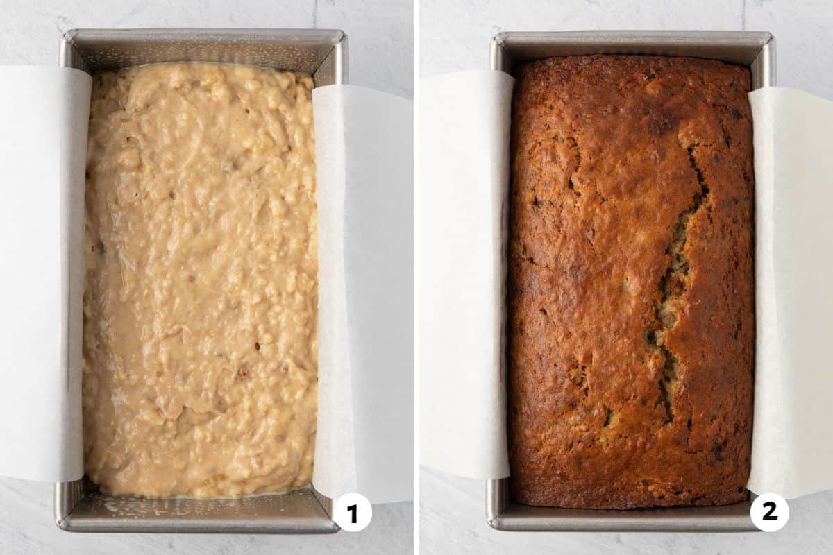 2 image collage of banana bread before and after baking in a loaf pan lined with parchment paper.