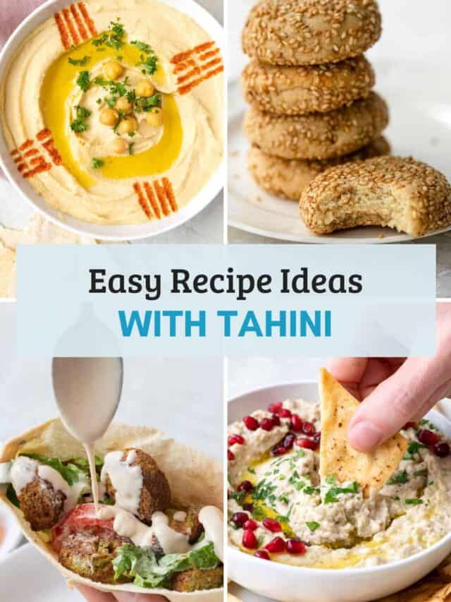 4 image collage of recipes that use tahini as an ingredient.