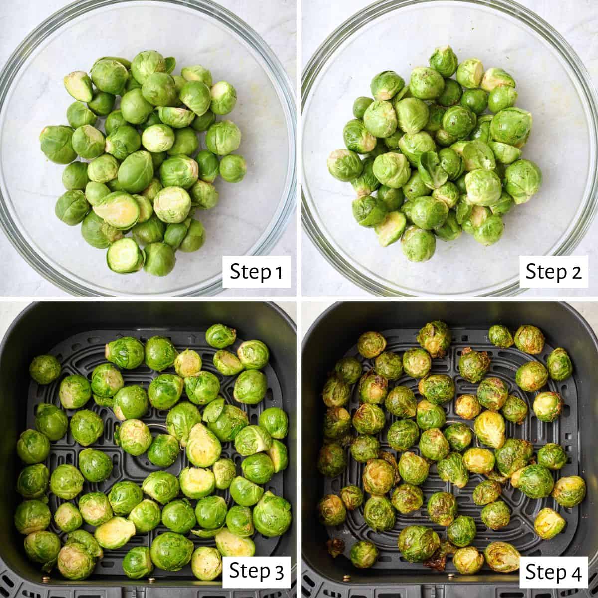 The brussels sprouts in the air fryer basket before cooking