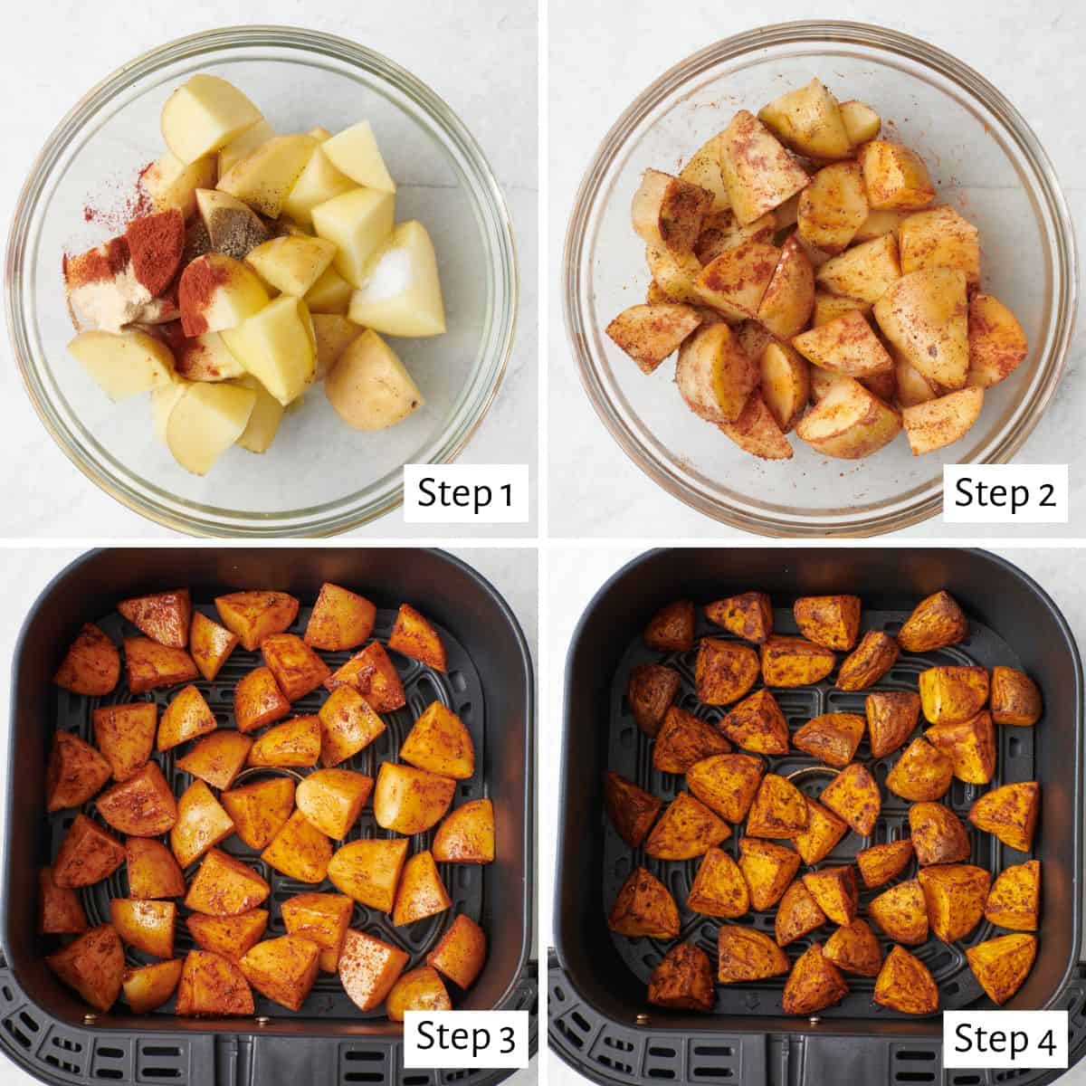 Collage showing air fryer potatoes before cooking and then at the halfway point of cooking