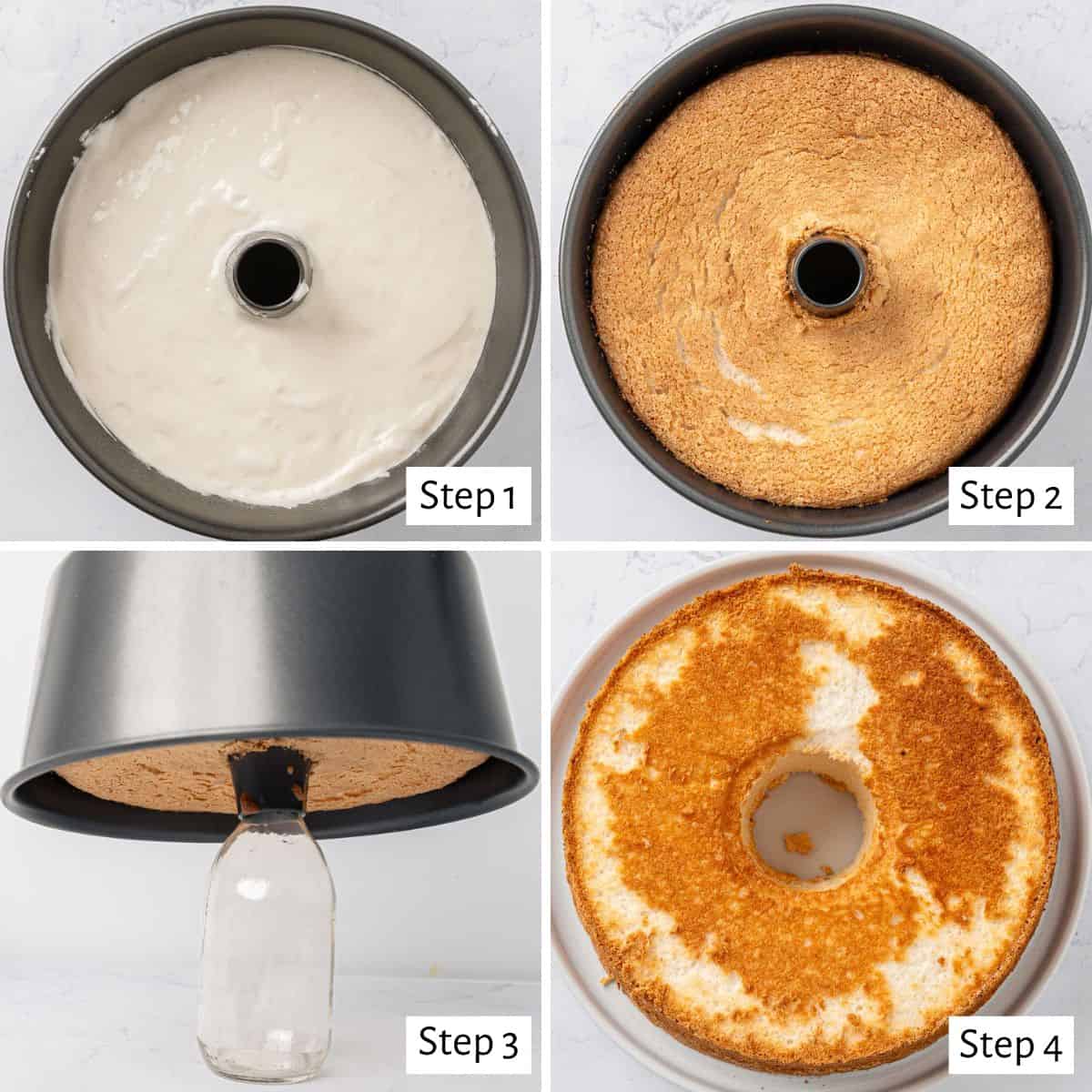 4 image collage making recipe in a tube pan: 1- batter spread evenly before baking, 2- after baking to show a golden brown top, 3- pan flipped over to cool, 4- cake after removed from pan.