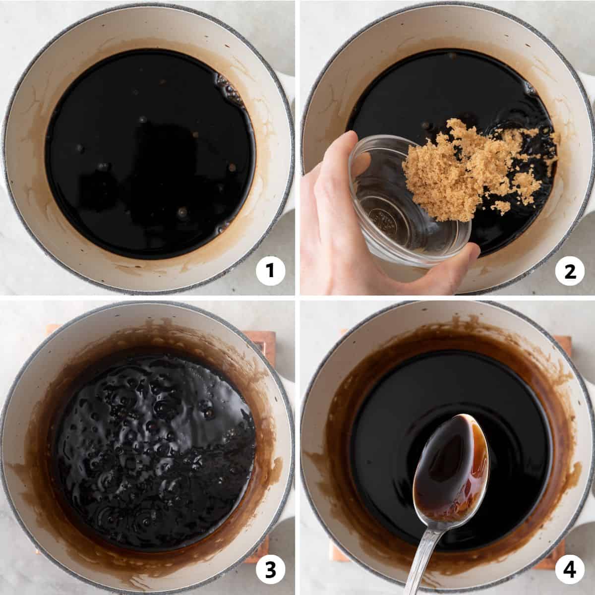 4 image collage making recipe in a pot: 1- balsamic vinegar in pot, 2- adding brown sugar, 3- mixture simmering with a bubbly top, 4- spoon lifting up final product with a spoon to show thickened consistency.